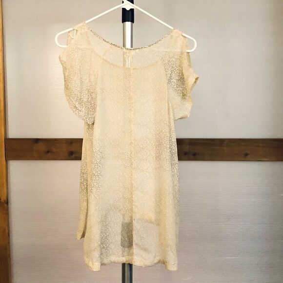 CLUB MONACO Silk Sheer Cold Shoulder Short Sleeve Blouse Yellow Grey Print Sz XS - Picture 5 of 8